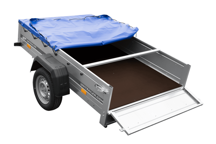 PKW-Anhänger 200x125 UNITRAILER GARDEN 201 KIPP mit blauer Flachplane und Flachplanenträger