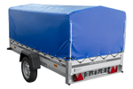 Einachsanhänger mit Aluminiumseitenwänden 264x125 Unitrailer Garden 264 KIPP ALU mit H-800 Rahmen und blauer Plane
