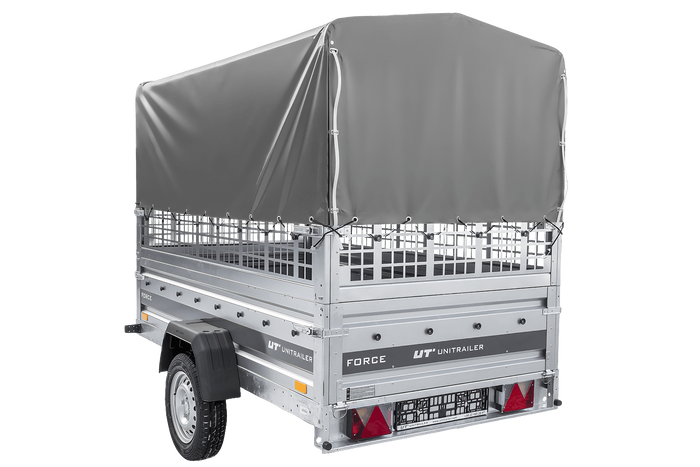 Einachsanhänger 230x125 UNITRAILER FORCE 230 KIPP mit Gitterseitenwänden, H-800 Rahmen und grauer Plane
