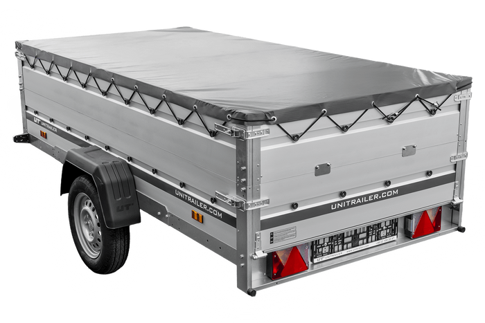 Einachsanhänger mit Aluminiumseitenwänden 264x125 Unitrailer Garden 264 KIPP ALU mit BIS-Seitenwänden, H-0-Rahmen und grauer Plane