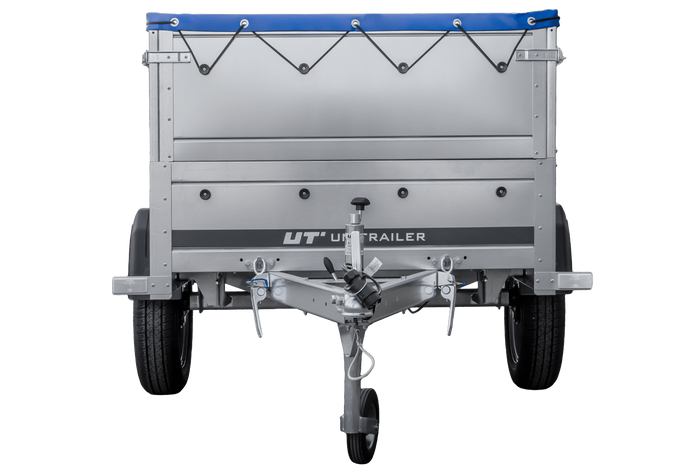 Gartenanhänger 200 Kipp mit Stützrad, zwei Seitenwänden, H-0-Rahmen und blauer Plane