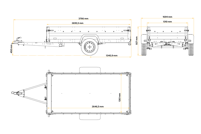 Einachsiger Anhänger mit Blattfedern 264x125 UNITRAILER FORCE 264/R KIPP mit H-800 Spriegel und grauer Plane