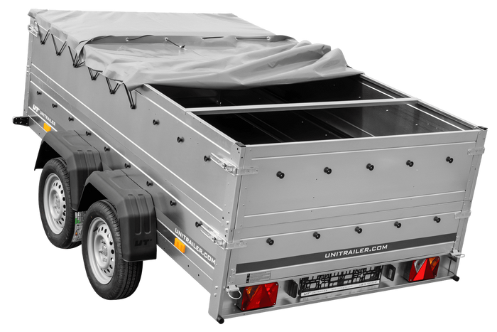 Zweiachsiger Anhänger 264x150 UNITRAILER GARDEN 265/2 KIPP mit BIS-Seitenwänden, H-0-Rahmen und grauer Plane