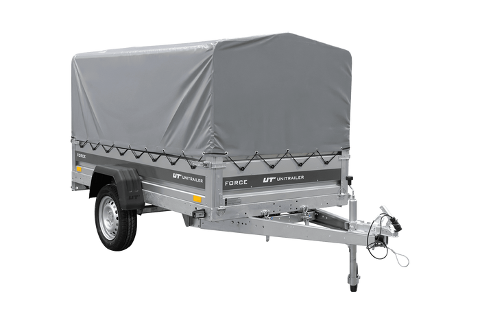 Einachsanhänger 230x125 UNITRAILER FORCE 230 KIPP mit H-800 Spriegel und grauer Hochplane