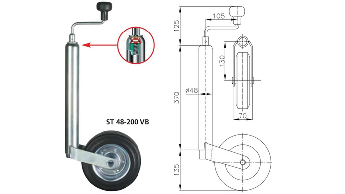 Stützrad mit Klemme WINTERHOFF ST48-200VB+KLE48 150 kg 48 mm 505–725 mm