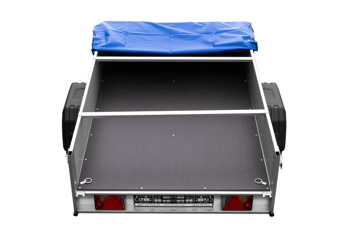 Einachsiger Anhänger auf Blattfedern mit Aluminiumseitenwänden 200x125 Unitrailer Garden 201/R KIPP ALU mit H-0-Rahmen und blauer Plane