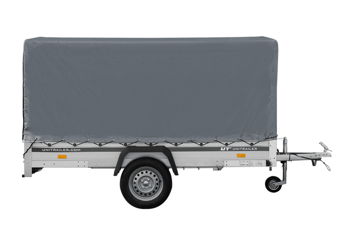 Autotransportanhänger mit Aluminiumseitenwänden 264x150 Unitrailer Garden 265 KIPP ALU mit H-1100 Rahmen und grauer Plane
