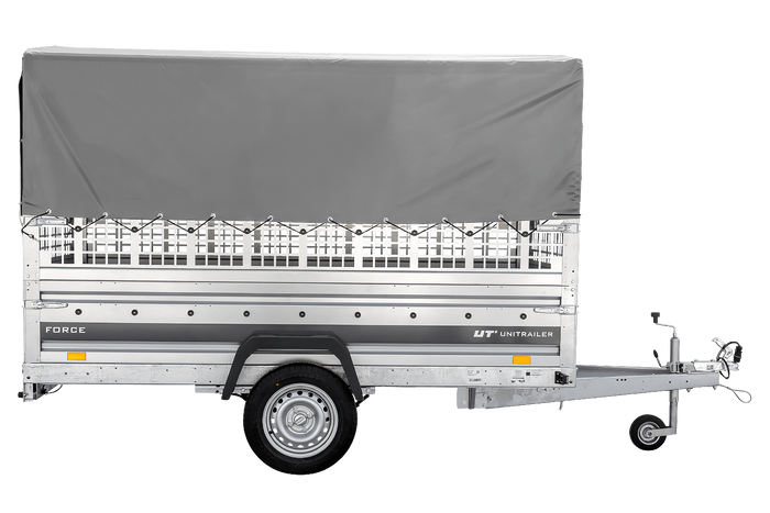 Autotransportanhänger auf Federn 264x125 UNITRAILER FORCE 264/R KIPP mit Gitterwänden, H-800 Rahmen und grauer Plane