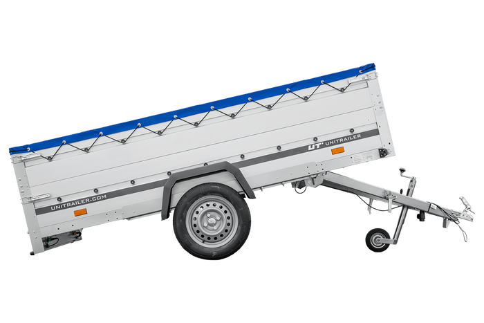 Einachsanhänger mit Aluminiumseitenwänden 264x125 Unitrailer Garden 264 KIPP ALU mit BIS-Seitenwänden, H-0-Rahmen und blauer Plane