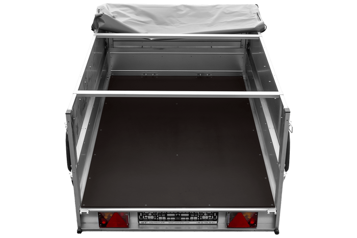 PKW-Anhänger 200x125 UNITRAILER GARDEN 201 KIPP mit Bordwandaufsatz, grauer Flachplane und Flachplanenträger
