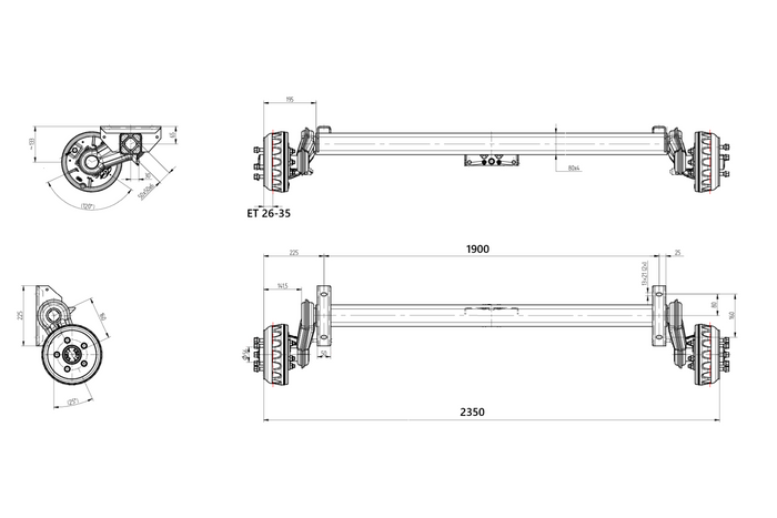KNOTT VGB13M gebremste Achse für Anhänger/Autotransporter 1350 kg 1900 mm 2350 mm 5x112