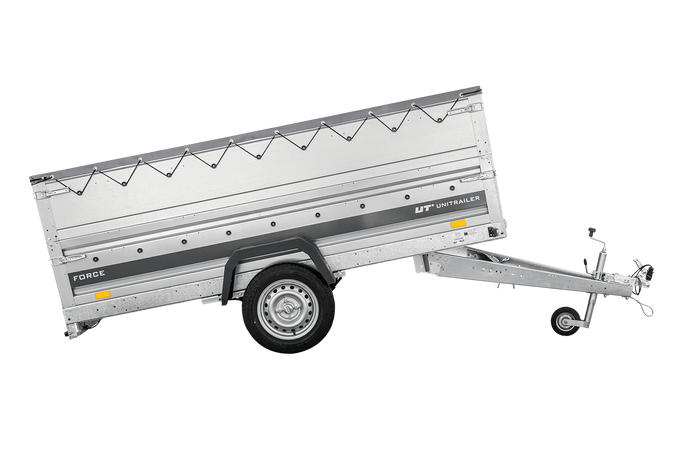 Einachsiger Anhänger auf Blattfedern 264x125 UNITRAILER FORCE 264/R KIPP mit BIS-Seitenwänden, H-0-Rahmen und grauer Plane