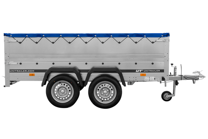 Zweiachsiger Anhänger 264x150 UNITRAILER GARDEN 265/2 KIPP mit BIS-Seitenwänden, H-0-Rahmen und blauer Plane