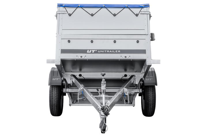 Gartenanhänger 200 Kipp mit Stützrad, zwei Seitenwänden, H-0-Rahmen und blauer Plane