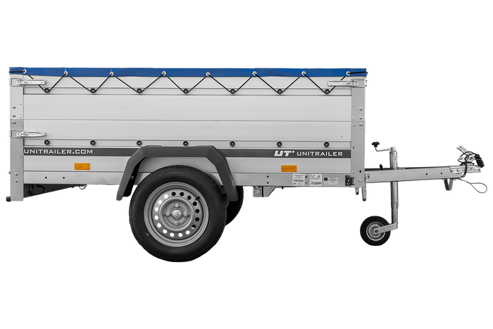 Autotransportanhänger mit Aluminiumwänden 200x125 Unitrailer Garden 201 KIPP ALU mit BIS-Seitenwänden, H-0-Rahmen und blauer Plane