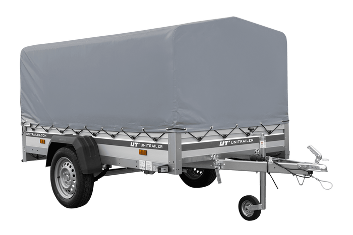 Einachsiger Anhänger auf Blattfedern mit Aluminiumseitenwänden 230x125 Unitrailer Garden 230/R KIPP ALU mit H-800 Rahmen und grauer Plane