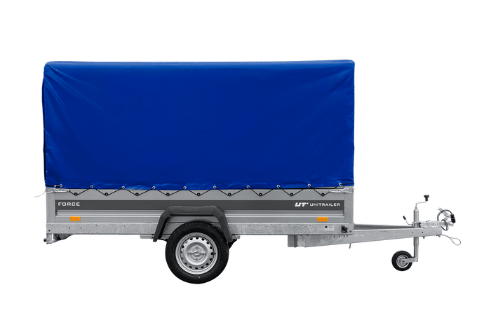 Einachsiger Anhänger mit Blattfedern 264x125 UNITRAILER FORCE 264/R KIPP mit H-1100 Spriegel und blauer Plane