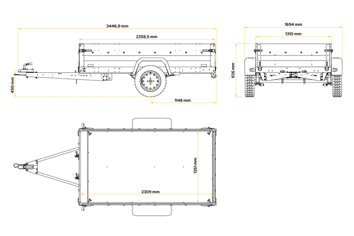 Anhänger mit Blattfedern 230x125 UNITRAILER FORCE 230/R KIPP mit H-800 Spriegel und blauer Hochplane