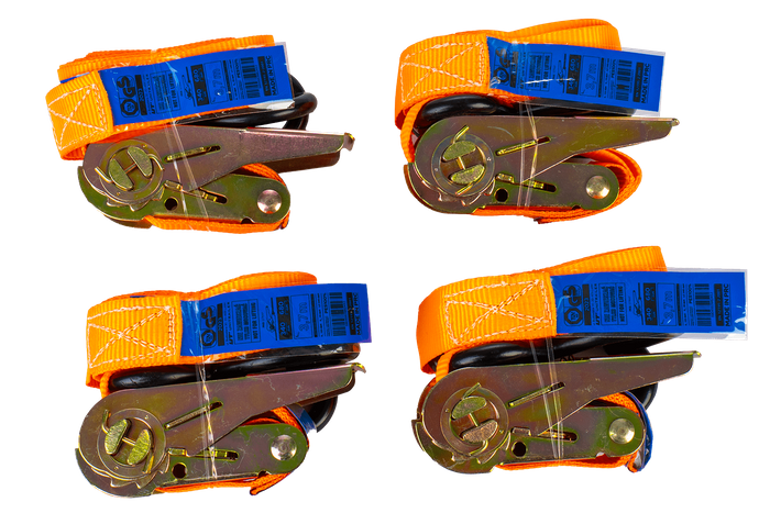 Set aus vier orangefarbenen UNITRAILER 4m/25mm/0,68t Transportgurten mit Spannvorrichtung im Koffer