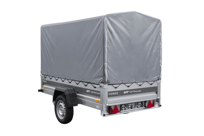 Ungebremster Anhänger 230x125 UNITRAILER FORCE 230 KIPP mit H-1100 Rahmen und grauer Hochplane