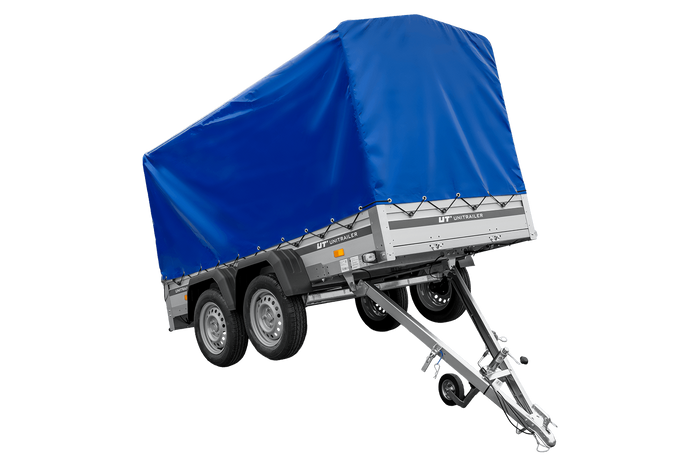 Zweiachsiger Anhänger mit Aluminiumseitenwänden 264x125 Unitrailer Garden 264/2 KIPP ALU mit Rahmen H-1100 und blauer Plane
