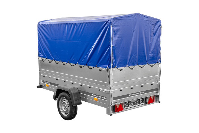 PKW-Anhänger 230x125 UNITRAILER GARDEN 230 FD mit BIS-Bordwänden, H-800-Gestell und blauer Plane