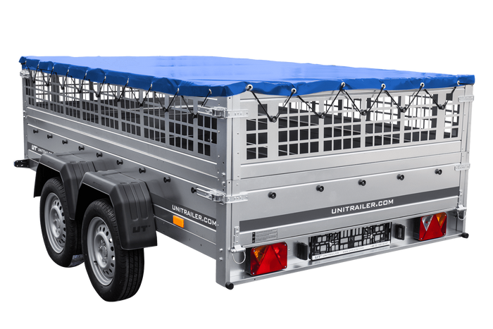 Leichter Anhänger 264x150 UNITRAILER GARDEN 265/2 KIPP mit Gitterwänden, H-0-Rahmen und blauer Plane