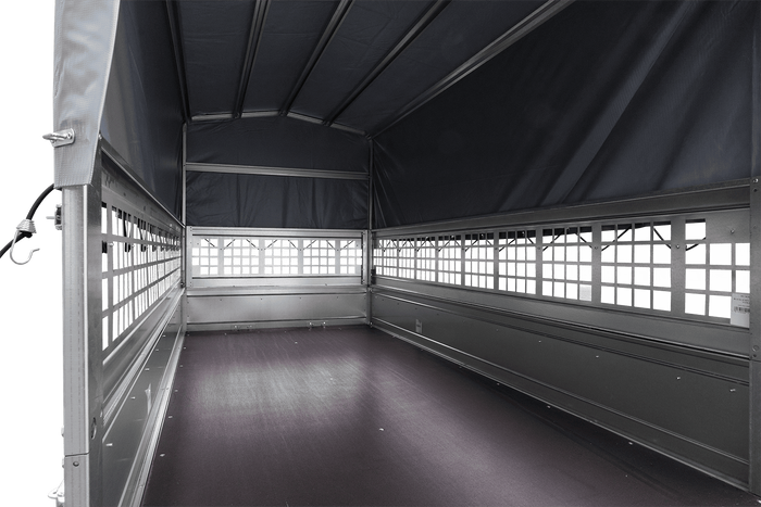 1-Achs-Anhänger GARDEN TRAILER 264 KIPP mit Laubgitteraufsatz, grauer Hochplane, Hochspriegel und Stützrad