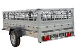 Einachsiger Anhänger auf Blattfedern 264x125 UNITRAILER GARDEN 264/R KIPP mit Gitterseitenwänden, H-0-Rahmen und grauer Plane
