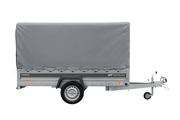 Einachsiger Anhänger mit Blattfedern 264x125 UNITRAILER FORCE 264/R KIPP mit H-1100 Rahmen und grauer Plane