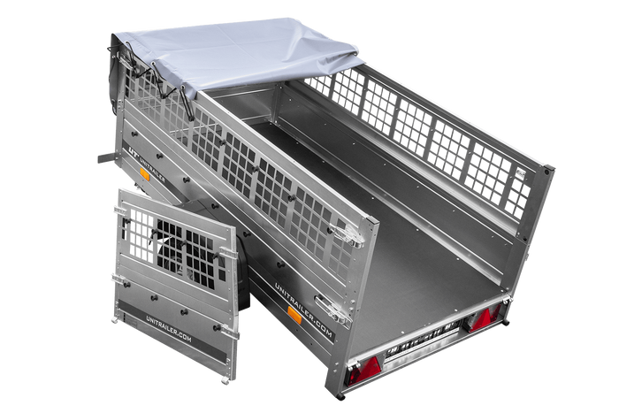 Einachsanhänger 200x106 UNITRAILER GARDEN 200 KIPP mit Seitenwänden aus Netzgewebe und grauer Plane