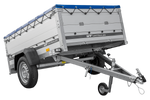 Autotransportanhänger mit Aluminiumwänden 200x125 Unitrailer Garden 201 KIPP ALU mit BIS-Seitenwänden, H-0-Rahmen und blauer Plane