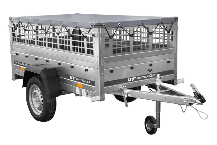 Einachsanhänger 200x106 UNITRAILER GARDEN 200 KIPP mit Seitenwänden aus Netzgewebe und grauer Plane