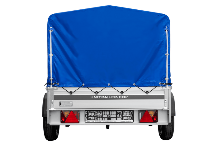 Autotransportanhänger auf Federn mit Aluminiumseitenwänden 200x125 Unitrailer Garden 201/R KIPP ALU mit H-800 Rahmen und blauer Plane