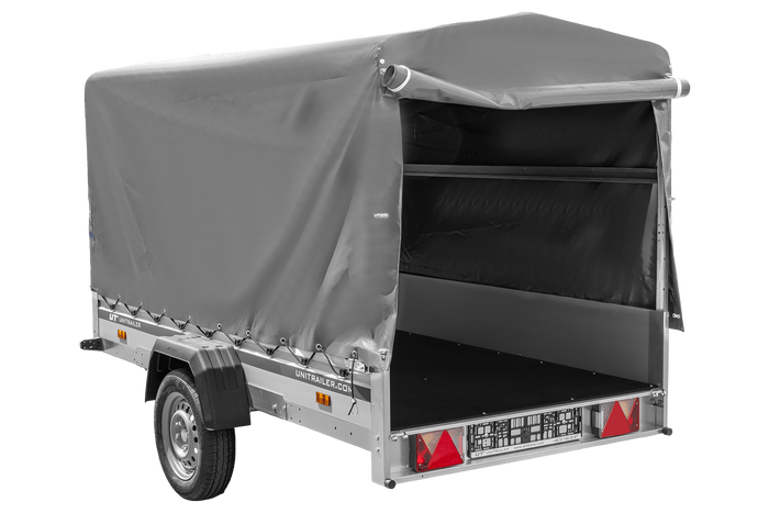 Autoanhänger mit Aluminiumseitenwänden 264x125 Unitrailer Garden 264 KIPP ALU mit H-1100 Rahmen und grauer Plane