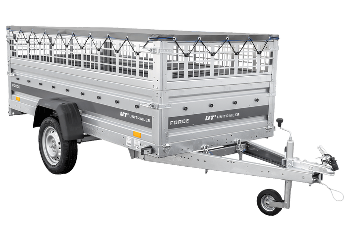 Einachsanhänger 264x125 UNITRAILER FORCE 264 KIPP mit Gitterwänden, H-0-Rahmen und grauer Plane