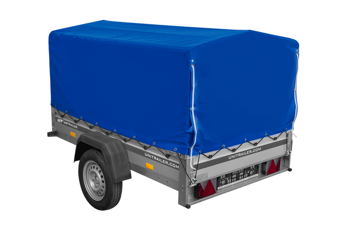 Einachsanhänger mit Aluminiumseitenwänden 200x125 Unitrailer Garden 201 KIPP ALU mit H-800 Rahmen und blauer Plane