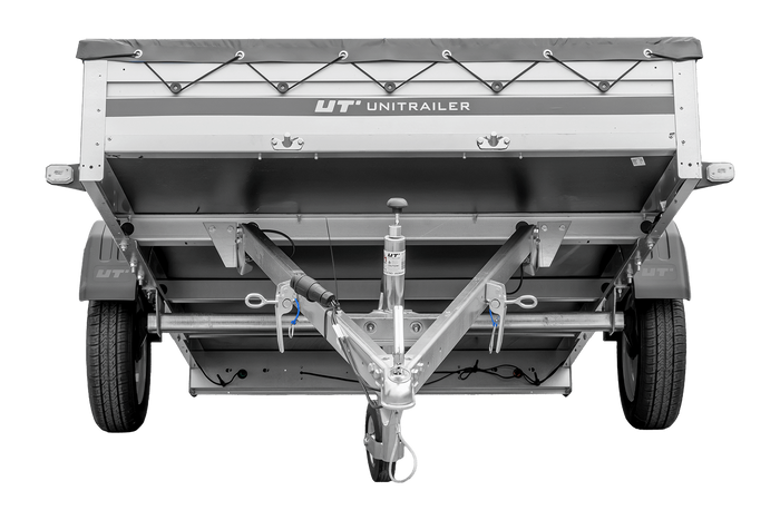 Autotransportanhänger mit Aluminiumseitenwänden 264x150 Unitrailer Garden 265 KIPP ALU mit H-0-Rahmen und grauer Plane