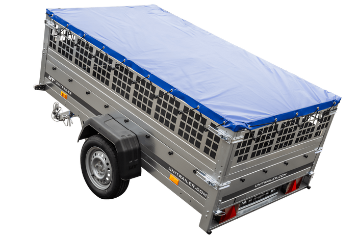 Pkw Transport Anhänger 230x125 Garden Trailer 230 KIPP mit Laubgitteraufsatz, blauer Flachplane und Stützrad