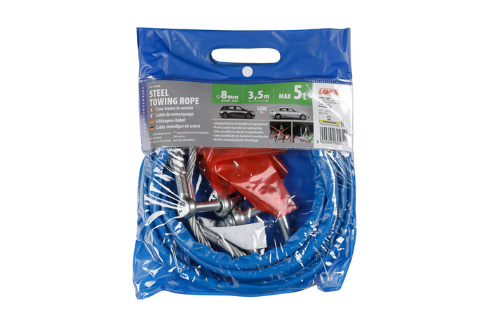 Abschleppseil mit Schäkeln, LAMPA Stahlseil, 3,5 m/8 mm/5 t, blau