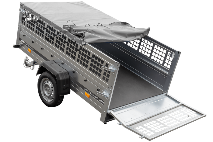 PKW-Ahänger 230x125 UNITRAILER GARDEN 230 KIPP mit Gitteraufsatz und grauer Plane