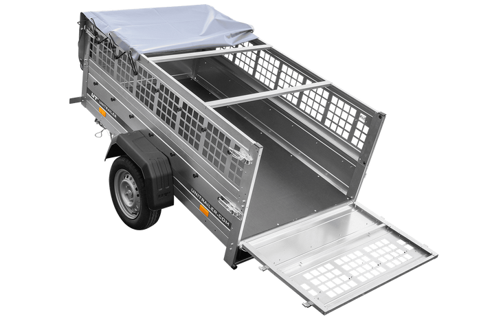 Einachsanhänger 200x106 UNITRAILER GARDEN 200 KIPP mit Gitterseitenwänden, H-0-Rahmen und grauer Plane