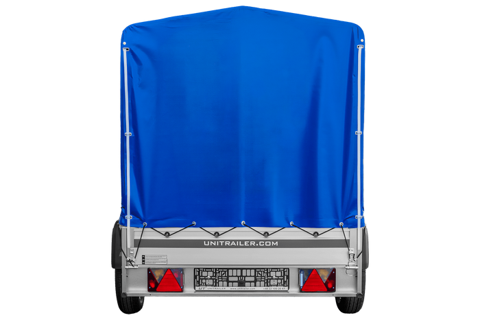 Autotransportanhänger mit Aluminiumwänden 230x125 Unitrailer Garden 230 KIPP ALU mit H1100-Rahmen und blauer Plane
