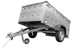 Pkw Anhänger kippbar 750 kg GARDEN TRAILER 201 KIPP mit zusätzlichen Bordwänden, Stützrad und grauer Flachplane