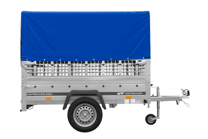 PKW-Anhänger 200x125 UNITRAILER GARDEN 201 KIPP mit Gitteraufsatz und blauer Hochplane