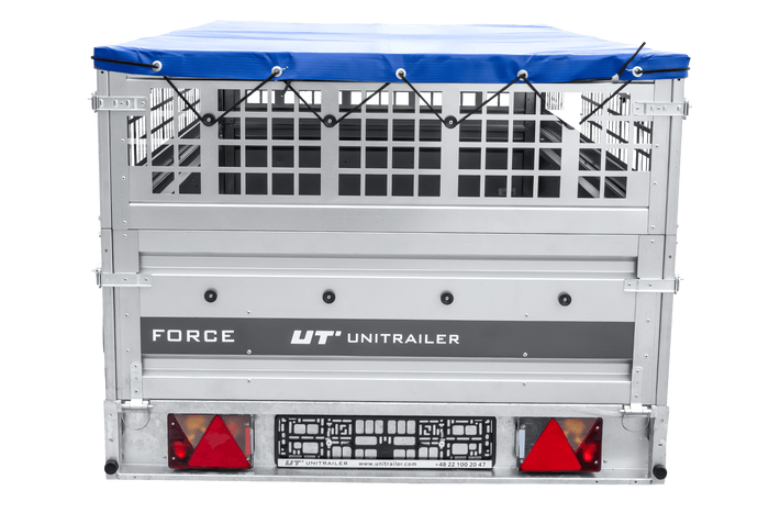 Einachsiger Anhänger auf Blattfedern 264x125 UNITRAILER FORCE 264/R KIPP mit Gitterseitenwänden, H-0-Rahmen und blauer Plane