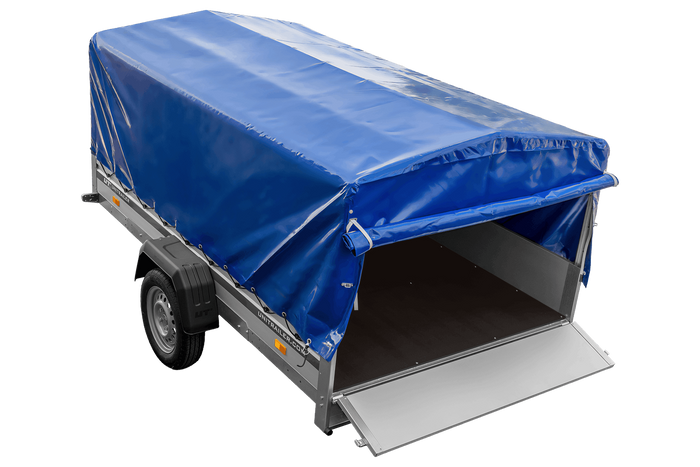 Einachsanhänger mit Aluminiumseitenwänden 264x150 Unitrailer Garden 265 KIPP ALU mit H-800 Rahmen und blauer Plane