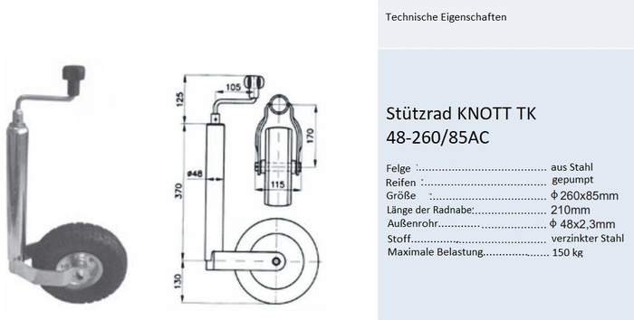 KNOTT TK48 Stützrad, 150 kg, 48 mm, 500–720 mm