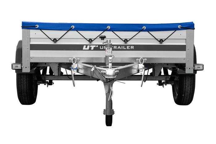 Einachsiger Anhänger auf Blattfedern mit Aluminiumseitenwänden 200x125 Unitrailer Garden 201/R KIPP ALU mit H-0-Rahmen und blauer Plane