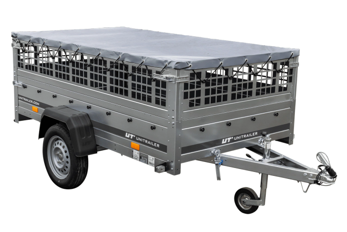 Leichter Anhänger auf Federn 230x125 UNITRAILER GARDEN 230/R KIPP mit Gitterwänden, H-0-Rahmen und grauer Plane